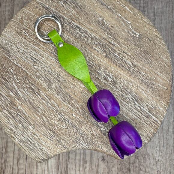 Leather Purple Tulip Purse Charm Genuine Leather Tulip Flower Bag Charm - Picture 3 of 5